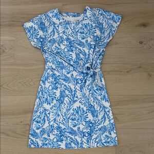 Lilly Pulitzer Blue & White Floral Print Tie-Waist Dress Size Small